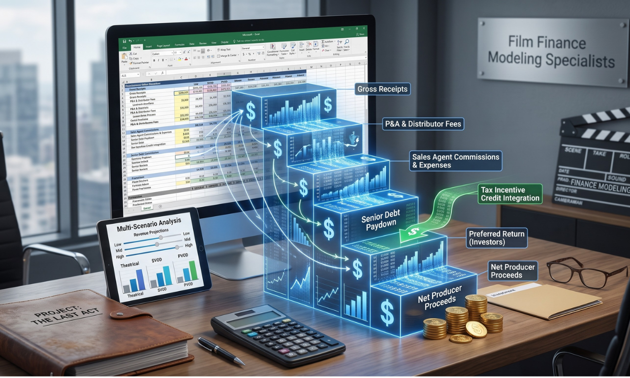 Advanced film financial model with recoupment waterfall simulation graph and investor return schedules
