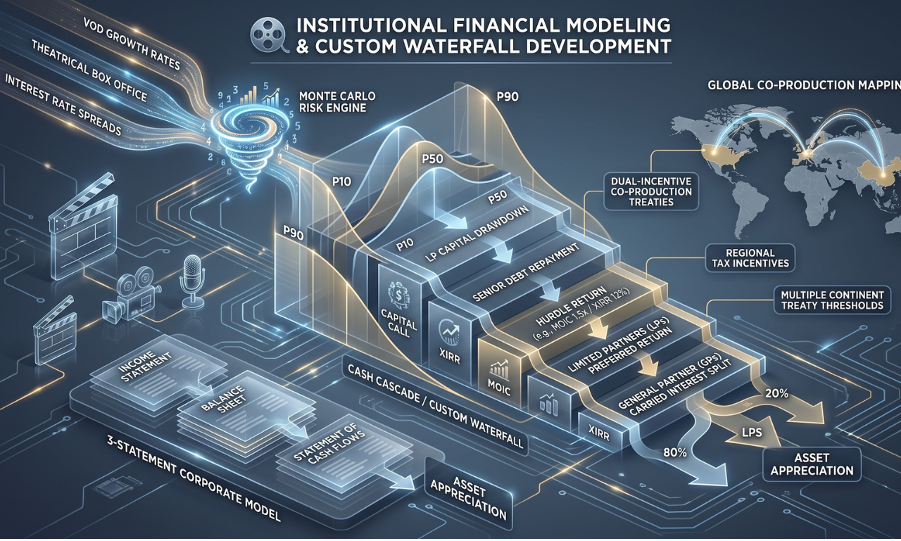 Institutional film finance portfolio dashboard with Monte Carlo probability curves and debt covenant metrics