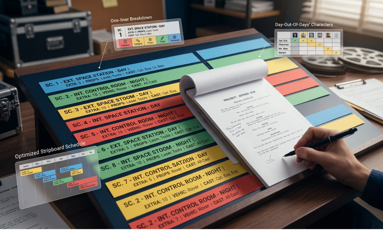 Professional Movie Magic script breakdown and production schedule board preview with color-coded scene strips and cast lists
